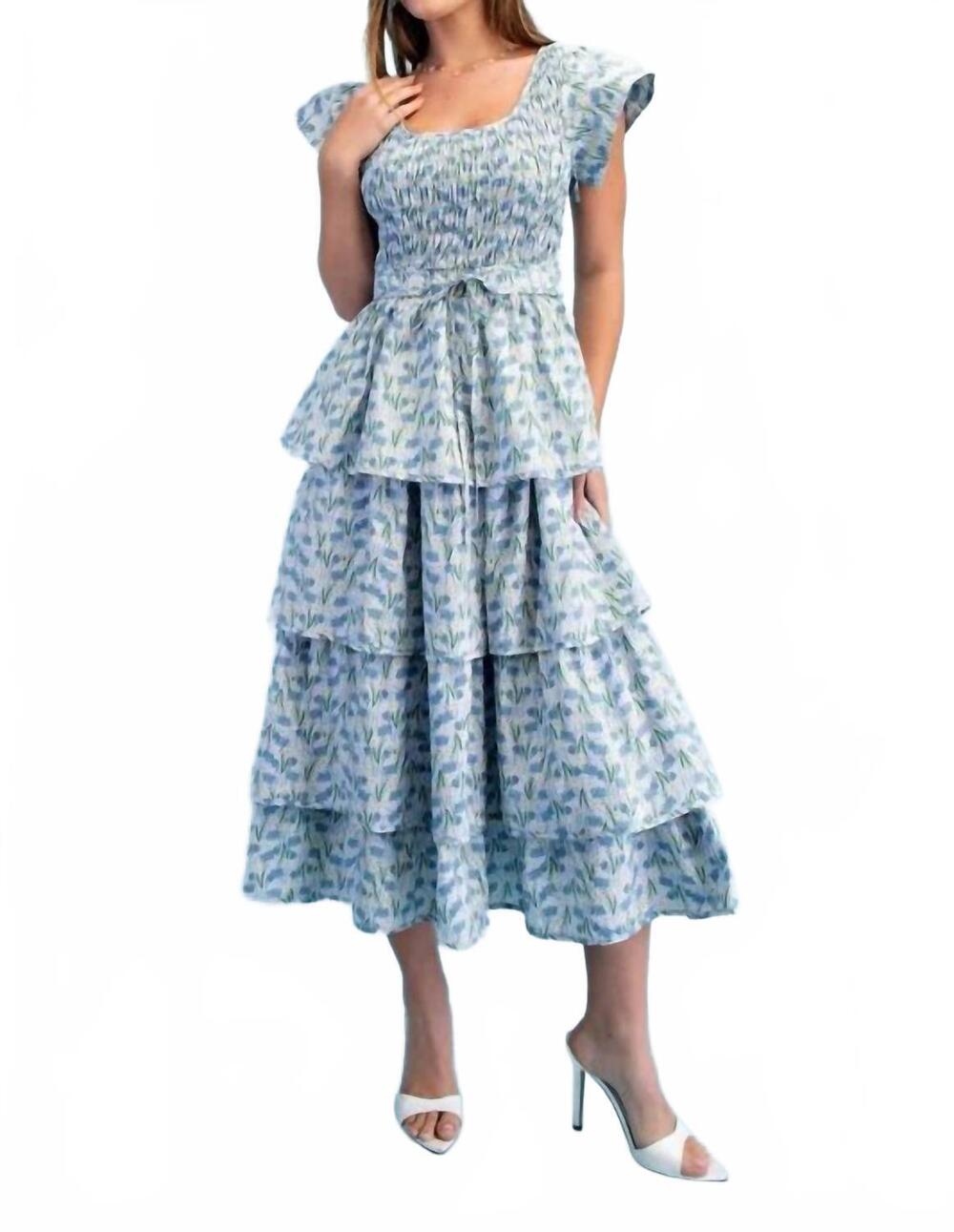 NEW GIGIO floral tiered elastic waist midi dress in blue